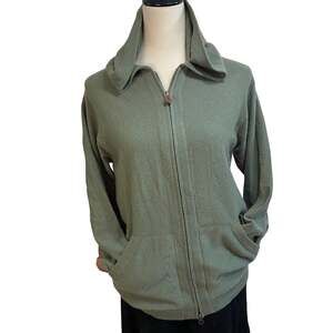 Christopher Fischer 100% Cashmere Full-Zip Hooded Sweater Olive Sage Green Small